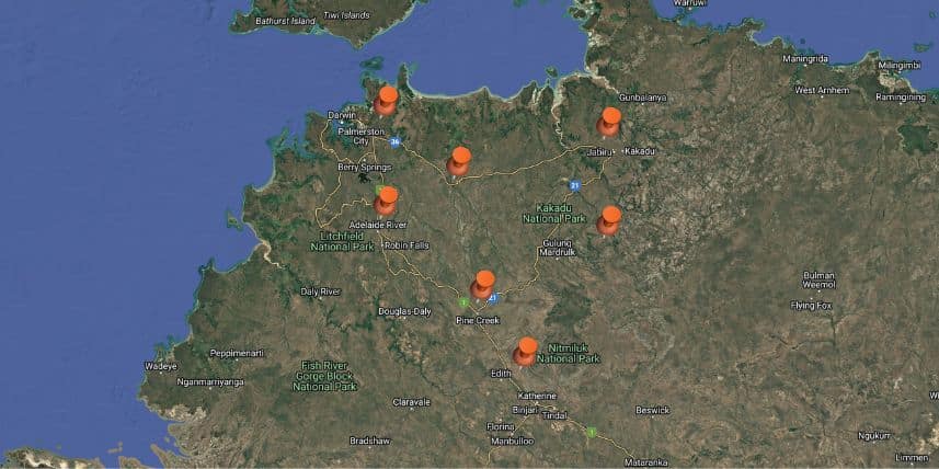 Darwin to Kakadu map with poinpoint landmarks