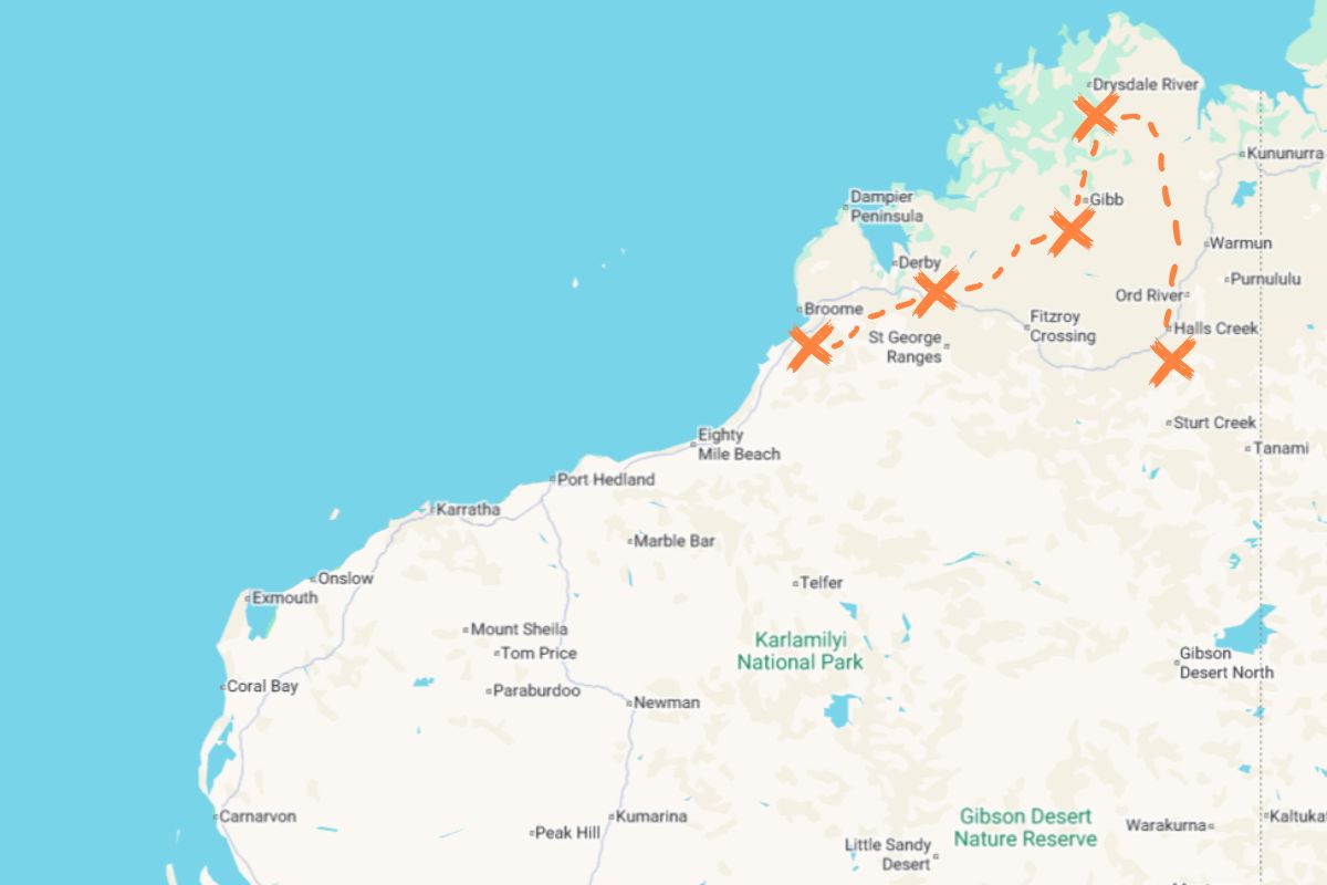 WA Map of the Kimberley Region with driving tour landmark markers